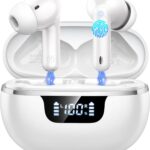 Wireless Earbuds, Bluetooth 5.4 Headphones, Bluetooth In Ear Buds Earphones | 50H Playtime LED, Stereo Bass, 4 Noise Cancelling Mics, IP7 Waterproof Sports, USB C Charging White Ear Buds for Android iOS