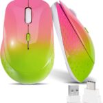 Wireless Mouse,USB-C & USB-A Dual Receiver Silent Rechargeable Mouse,Ergonomic Portable Optical Mouse for MacBook, iPad, Tablet, Laptop, PC–Gradient Pink Green