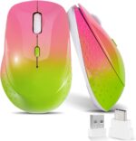 Wireless Mouse,USB-C & USB-A Dual Receiver Silent Rechargeable Mouse,Ergonomic Portable Optical Mouse for MacBook, iPad, Tablet, Laptop, PC–Gradient Pink Green