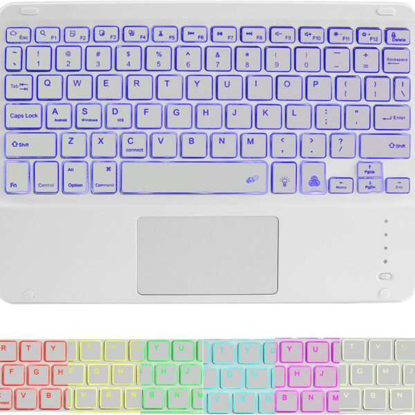 Wireless Bluetooth Keyboard,10-inch Ultra-Slim 7 Color Backlight with Touchpad,Rechargeable Wireless Magnetic Bluetooth Portable Compact Keyboard,for Smartphone Laptop Tablet Travel Kids Gift(White)